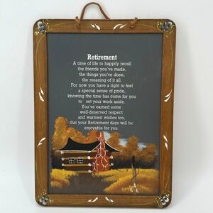 Vintage Hand-Painted "Retirement" Wall Plaque Log Cabin Scene Rustic Decor